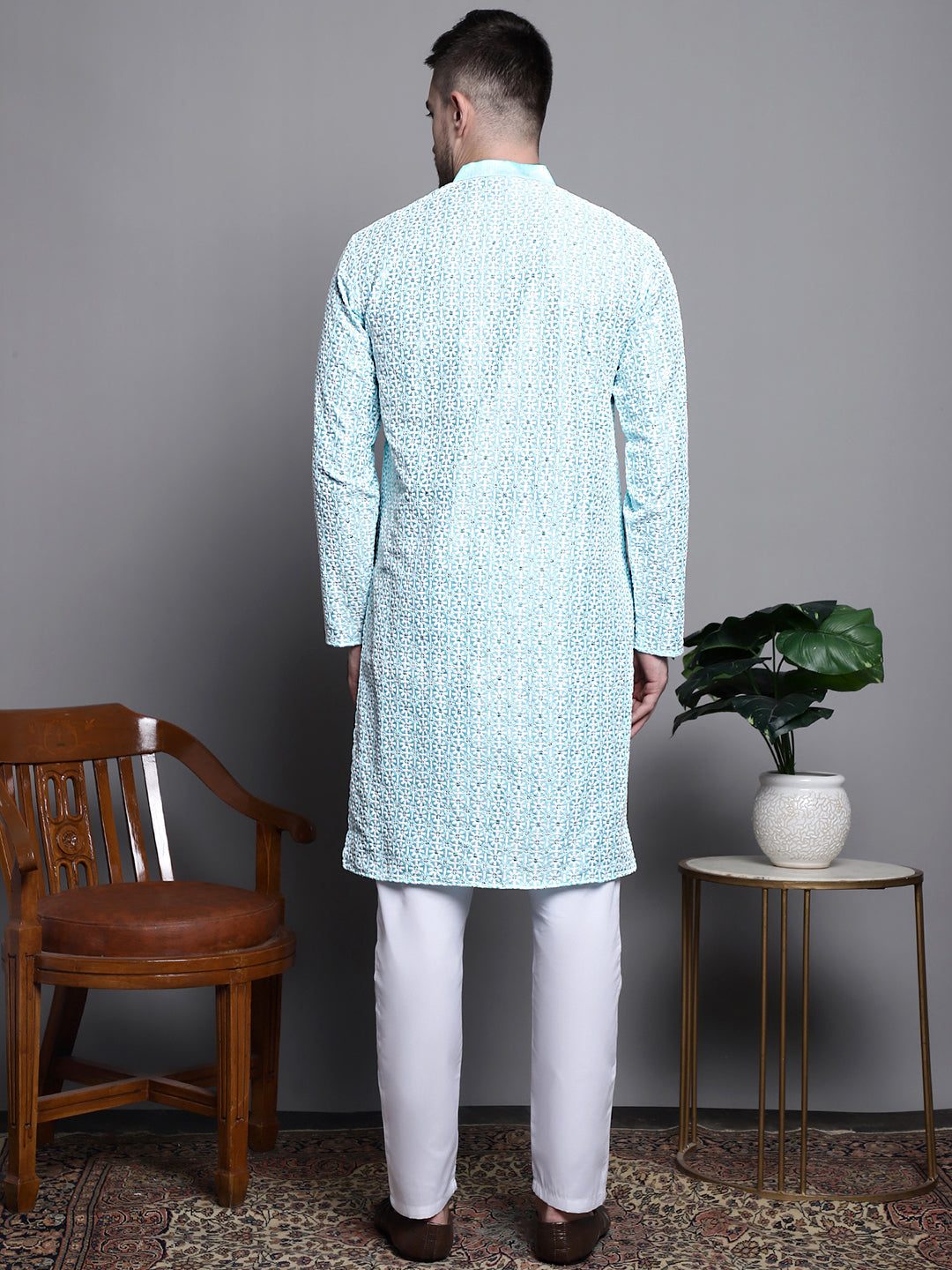 Jompers Men's Sequin Embroidered Silk Blend Kurta with Pyjamas - Sky Blue