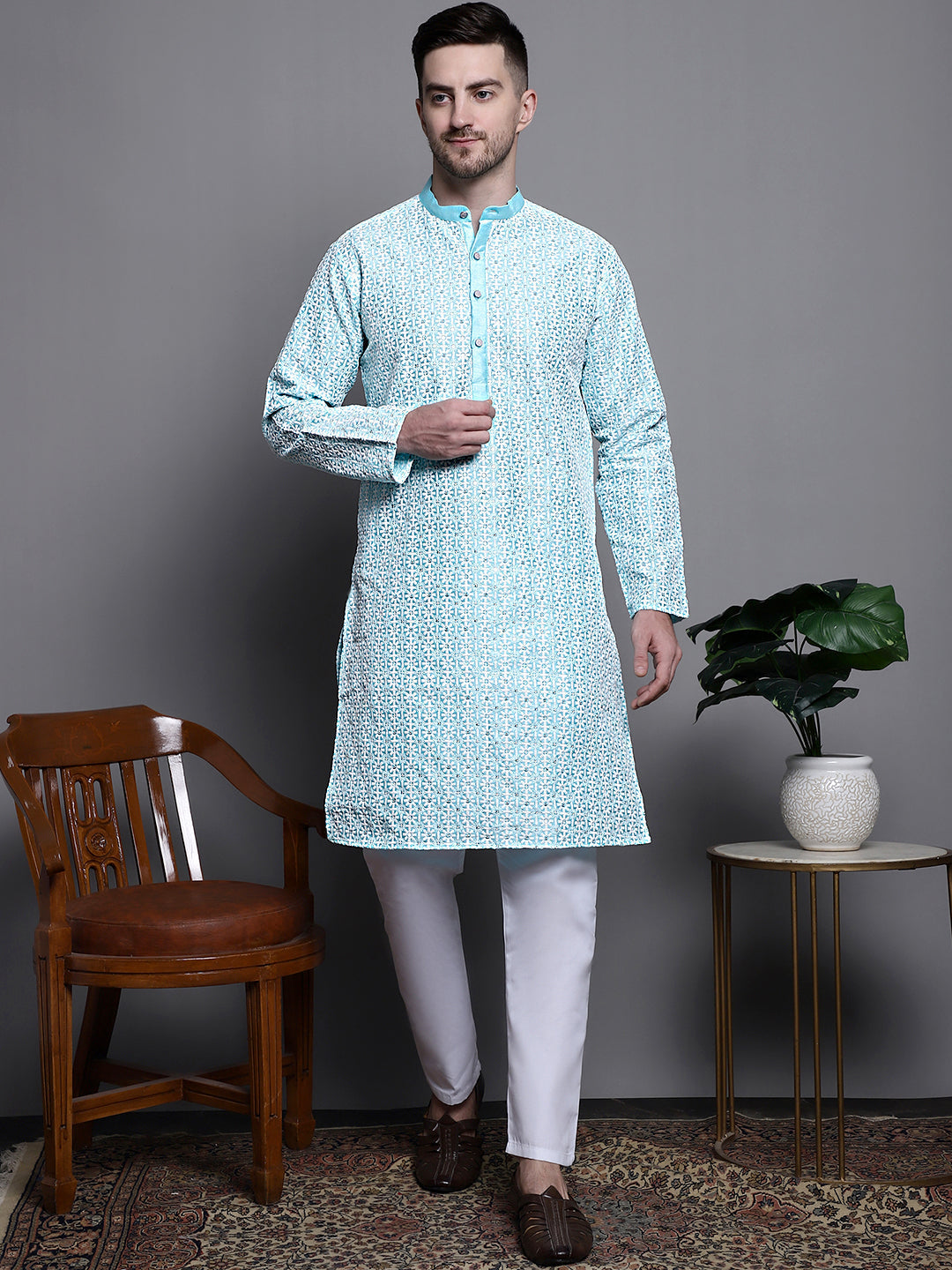 Jompers Men's Sequin Embroidered Silk Blend Kurta with Pyjamas - Sky Blue