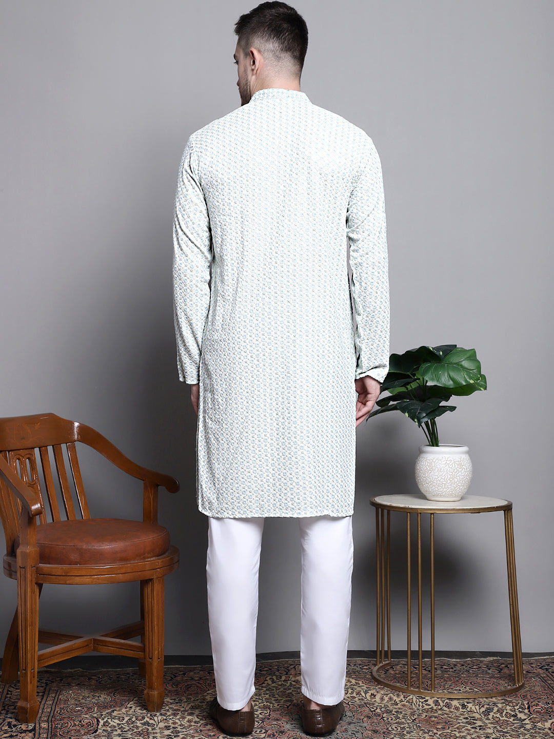 Jompers Men's Sequin Embroidered Pure Cotton Kurta with Pyjamas - Yellow