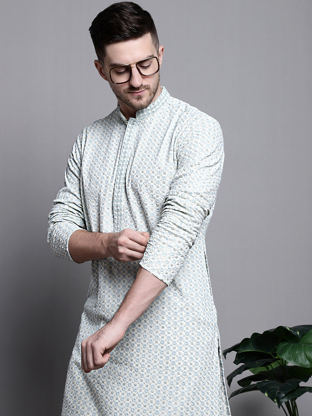 Jompers Men's Sequin Embroidered Pure Cotton Kurta with Pyjamas - Yellow