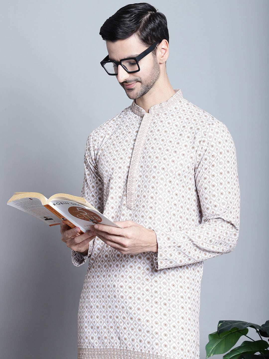 Jompers Men's Chikankari Embroidered Kurta with Pyjama - Beige