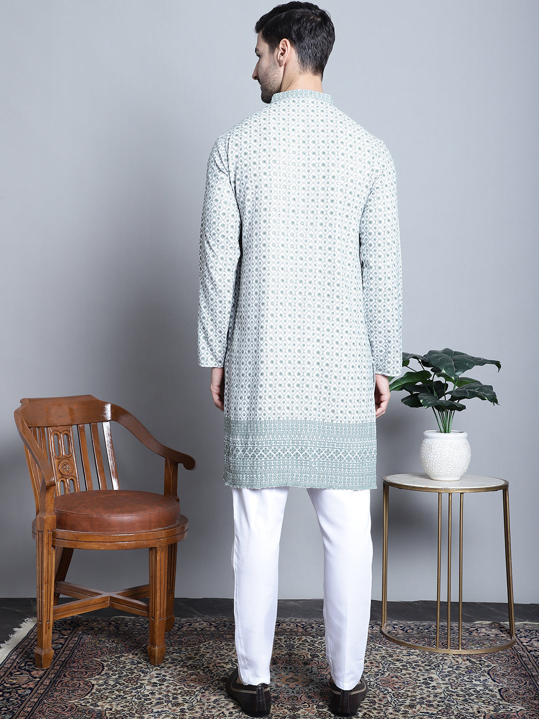 Jompers Men's Chikankari Embroidered Kurta with Pyjama - Blue