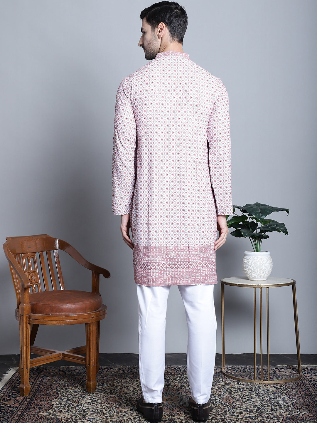 Jompers Men's Chikankari Embroidered Kurta with Pyjama - Pink