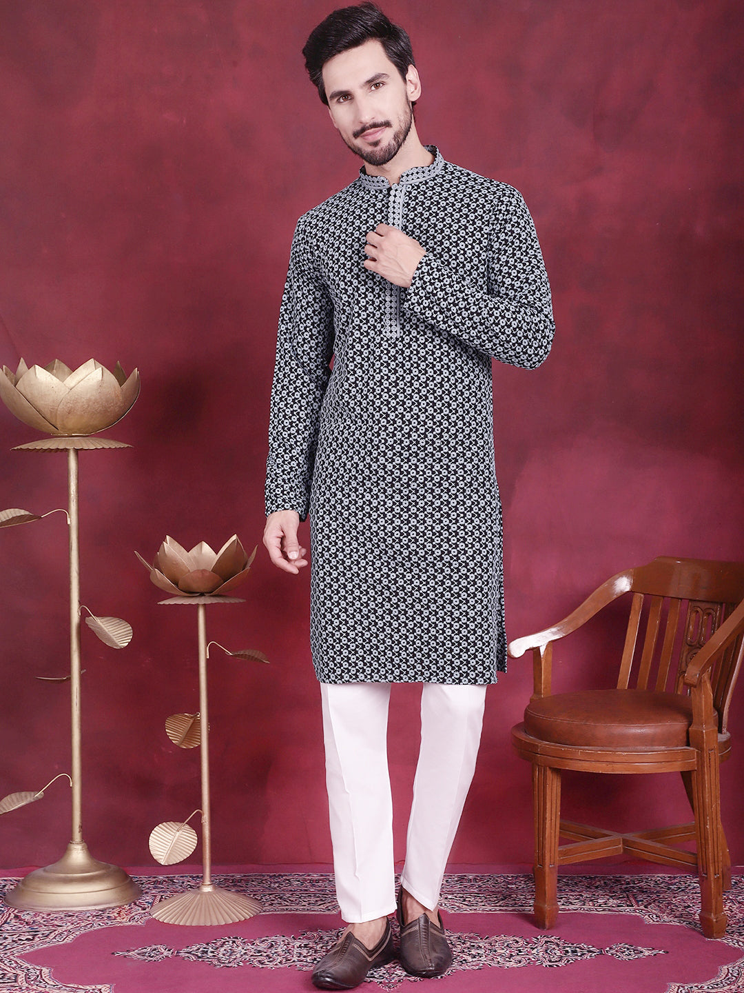 Jompers Men's Sequins Embroidered Kurta with Pyjama - Grey