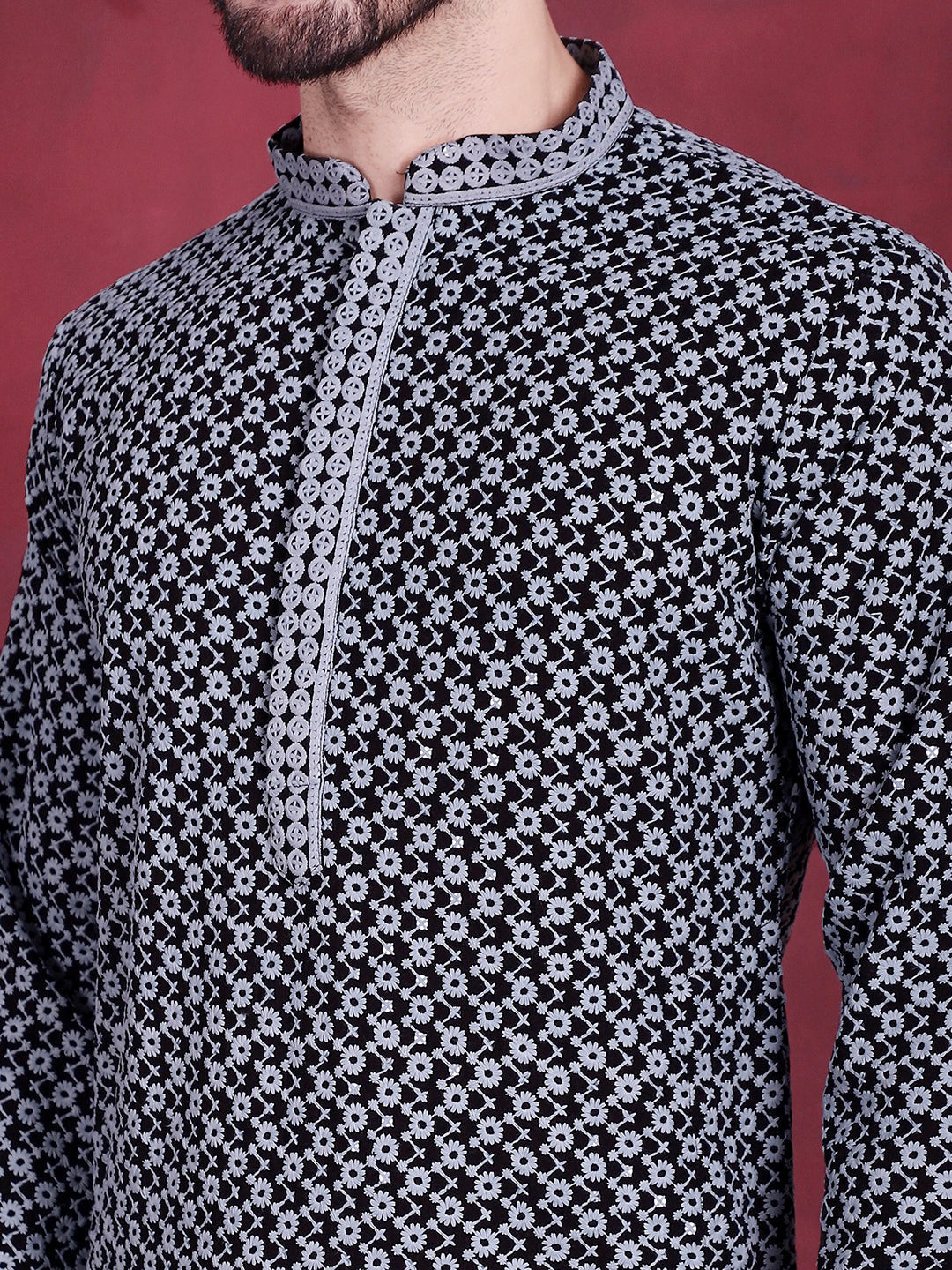 Jompers Men's Sequins Embroidered Kurta with Pyjama - Grey