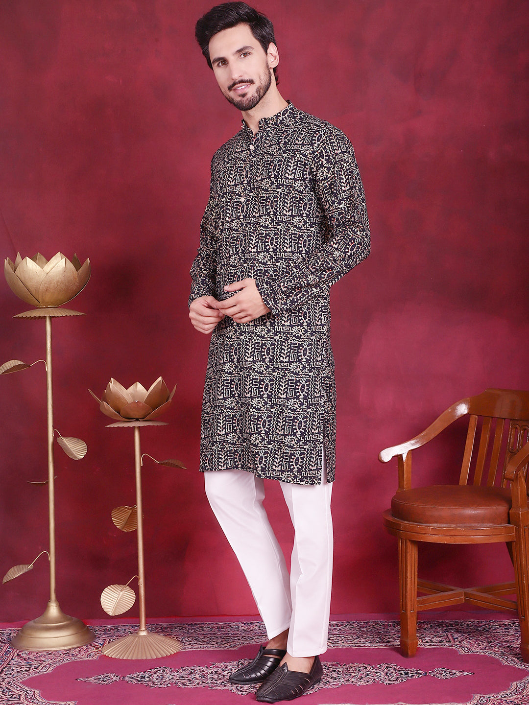 Jompers Men's Digital Printed Kurta with Pyjama - Navy Blue