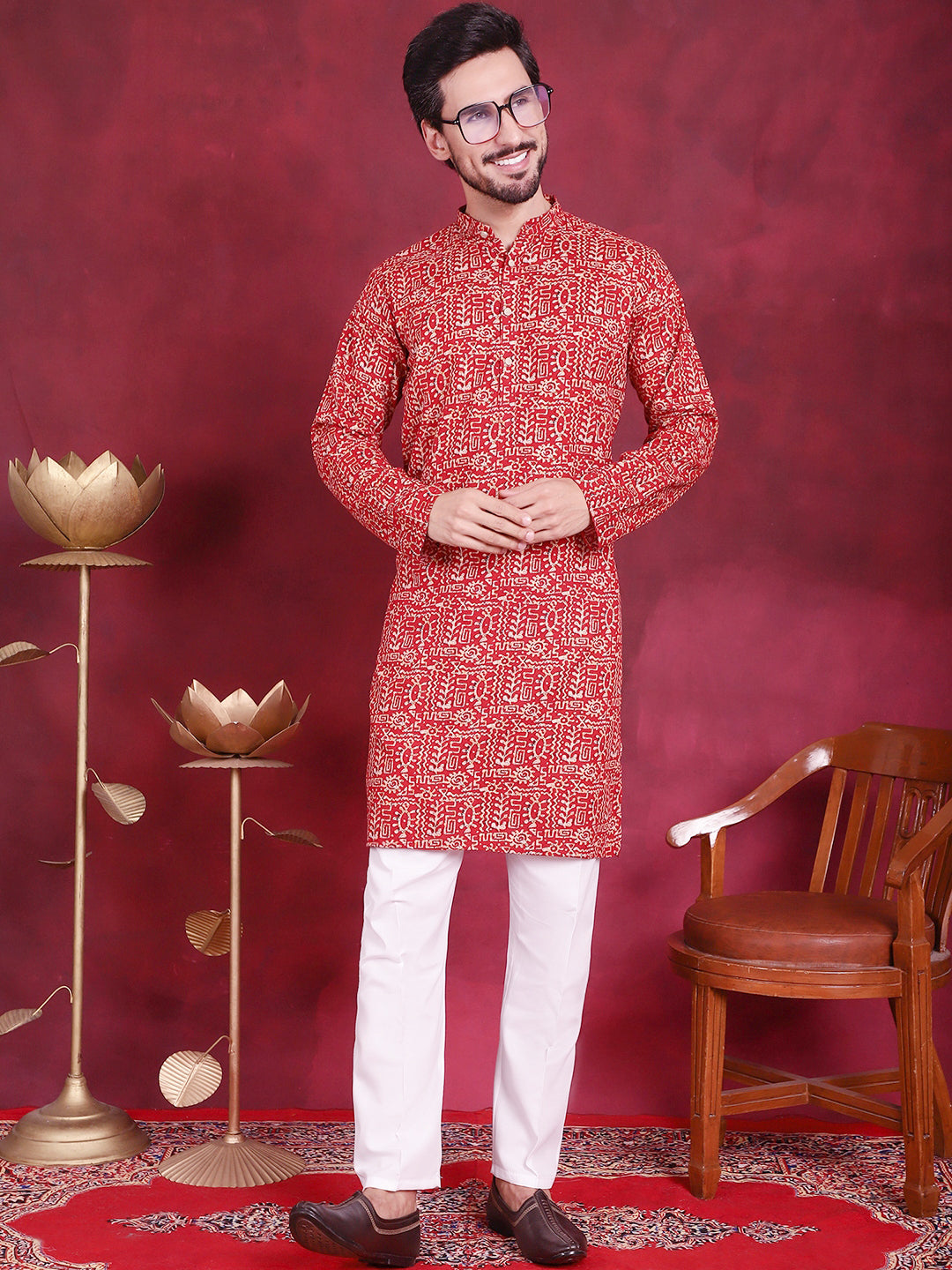 Jompers Men's Digital Printed Kurta with Pyjama - Red