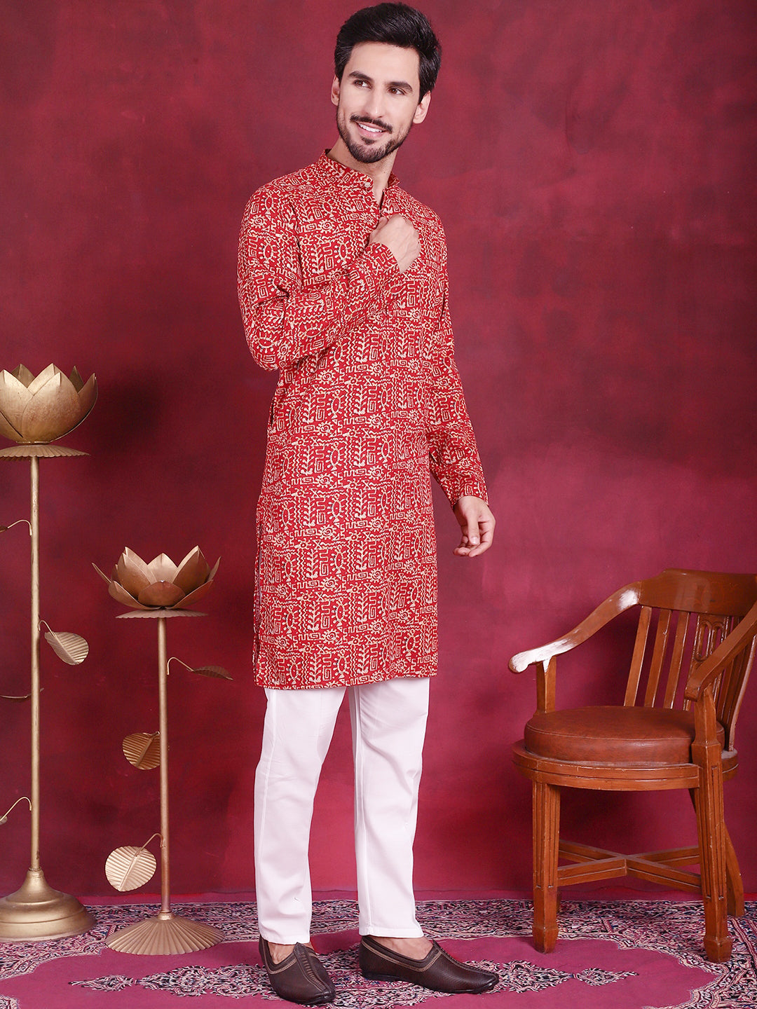 Jompers Men's Digital Printed Kurta with Pyjama - Red