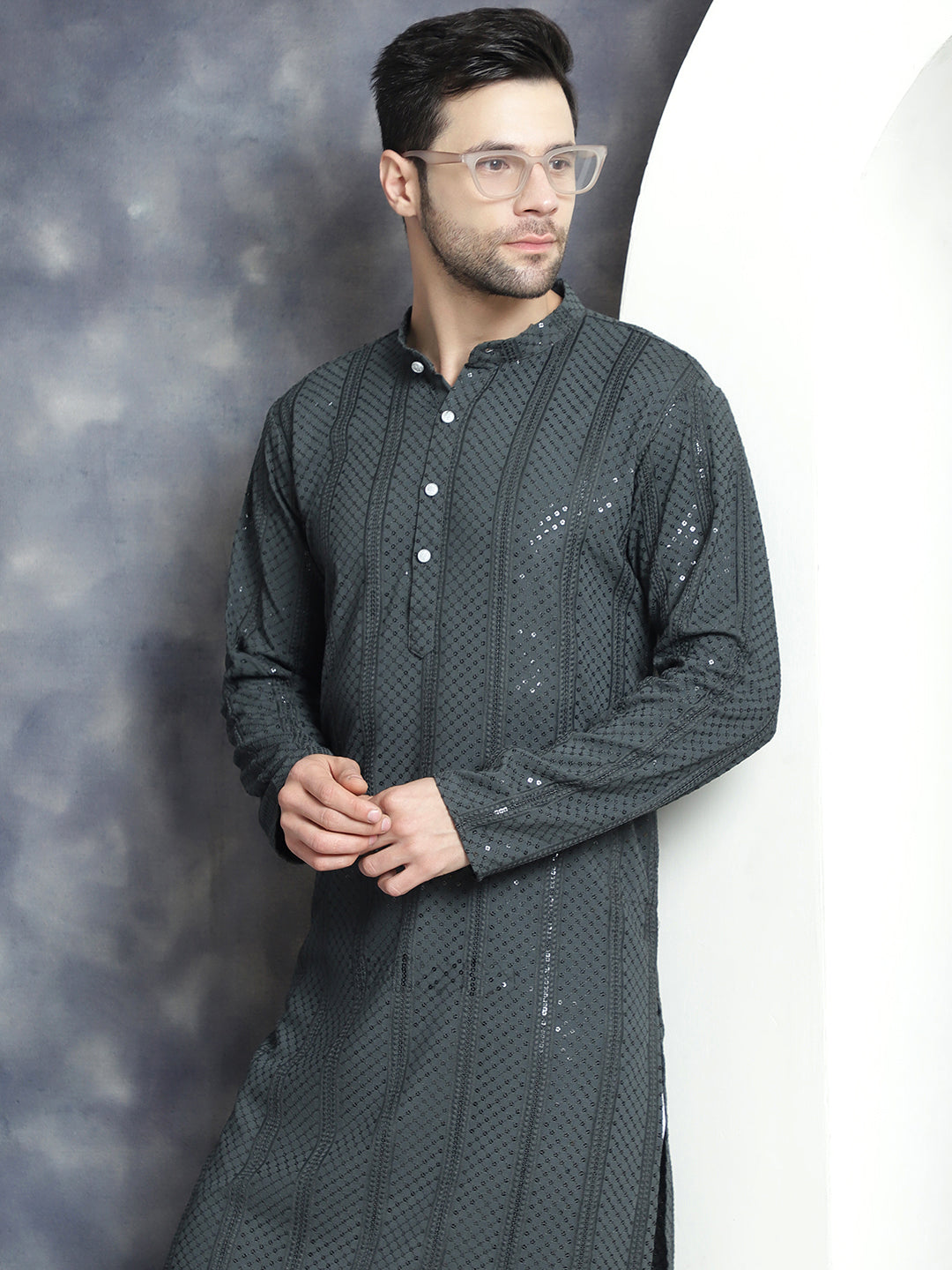 Jompers Men's Sequins Chikankari Embroidered Kurta with Pyjama - Grey