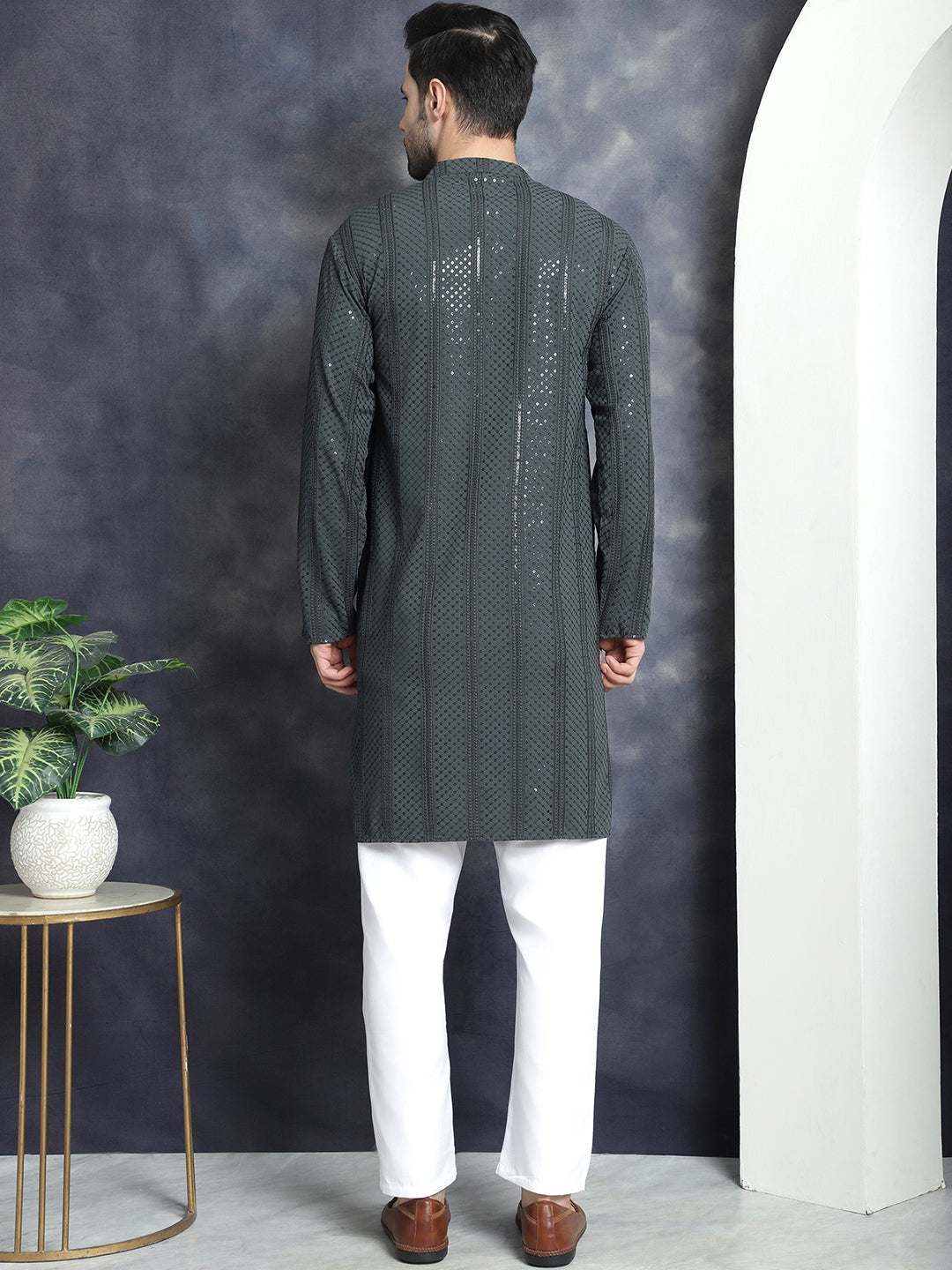Jompers Men's Sequins Chikankari Embroidered Kurta with Pyjama - Grey