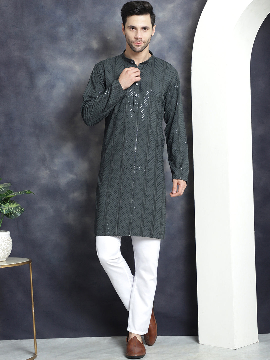 Jompers Men's Sequins Chikankari Embroidered Kurta with Pyjama - Grey