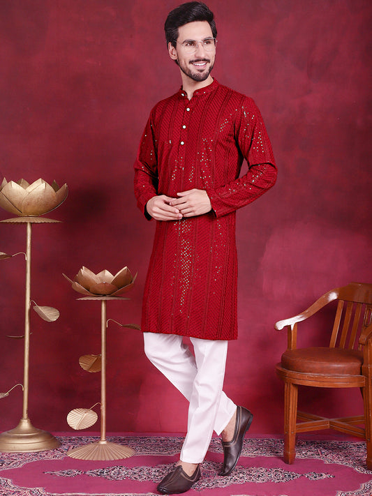 Jompers Men's Sequins Chikankari Embroidered Kurta with Pyjama - Red