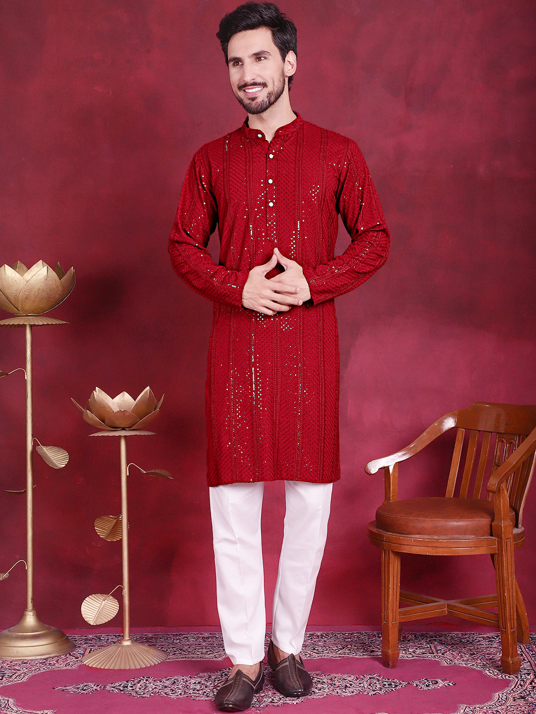 Jompers Men's Sequins Chikankari Embroidered Kurta with Pyjama - Red