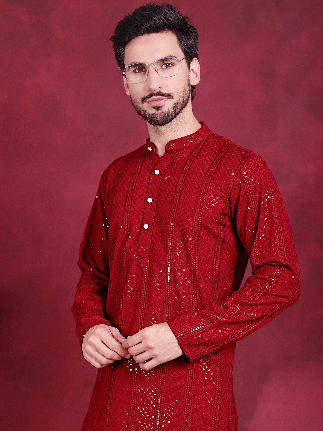 Jompers Men's Sequins Chikankari Embroidered Kurta with Pyjama - Red