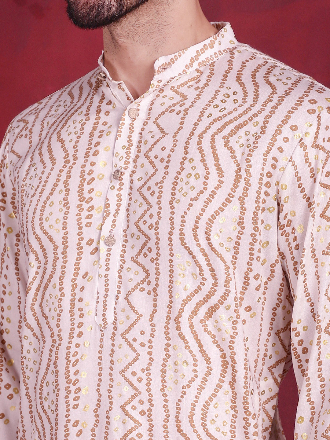Jompers Men's Bandhani Printed Kurta with Pyjama - Cream