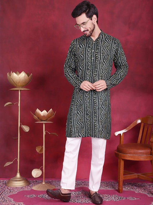 Jompers Men's Bandhani Printed Kurta with Pyjama - Green