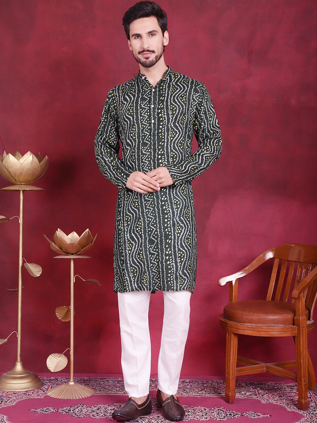 Jompers Men's Bandhani Printed Kurta with Pyjama - Green