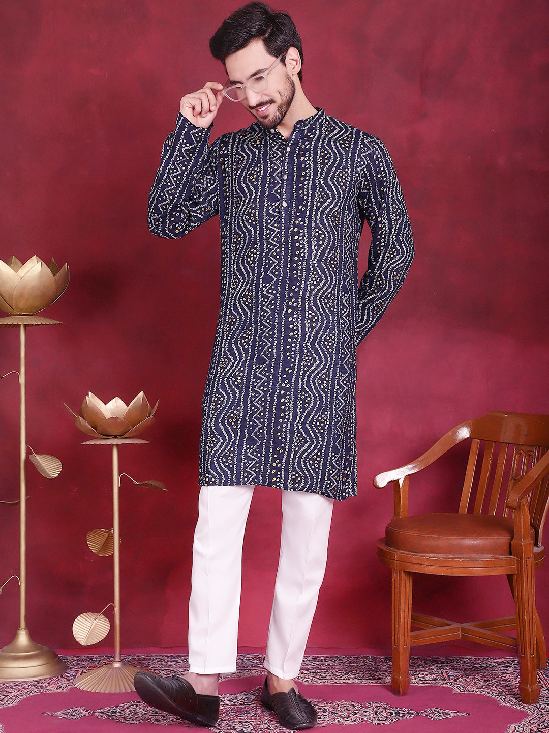 Jompers Men's Bandhani Printed Kurta with Pyjama - Navy Blue