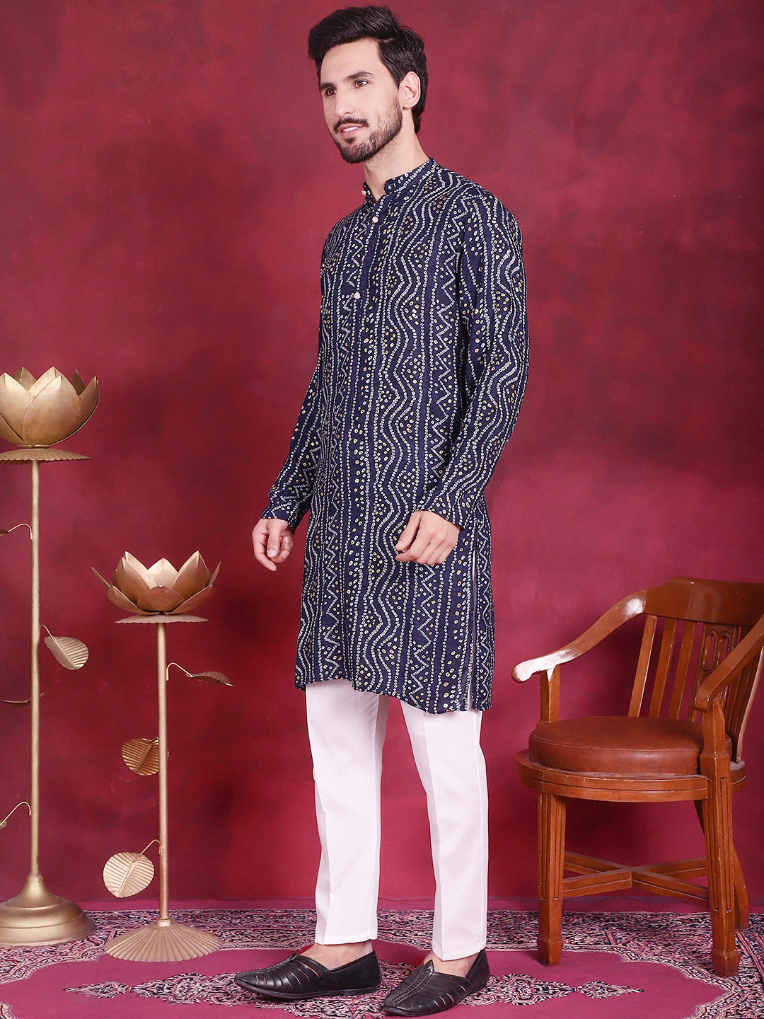 Jompers Men's Bandhani Printed Kurta with Pyjama - Navy Blue