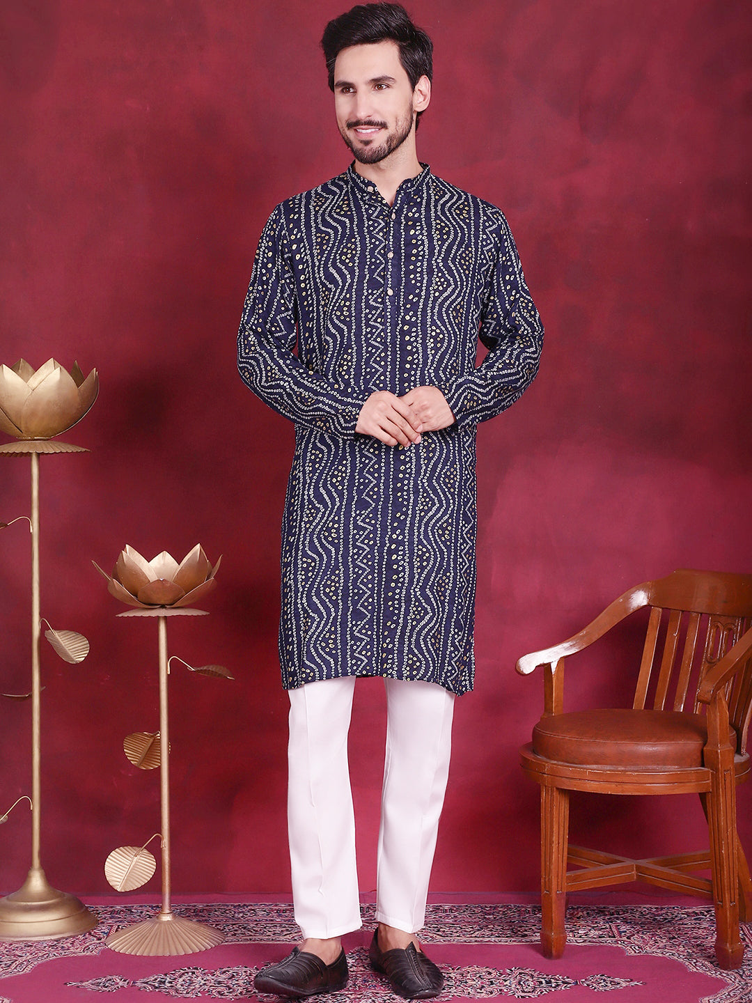 Jompers Men's Bandhani Printed Kurta with Pyjama - Navy Blue