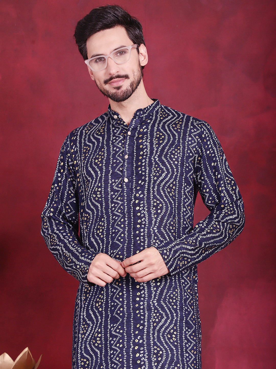 Jompers Men's Bandhani Printed Kurta with Pyjama - Navy Blue