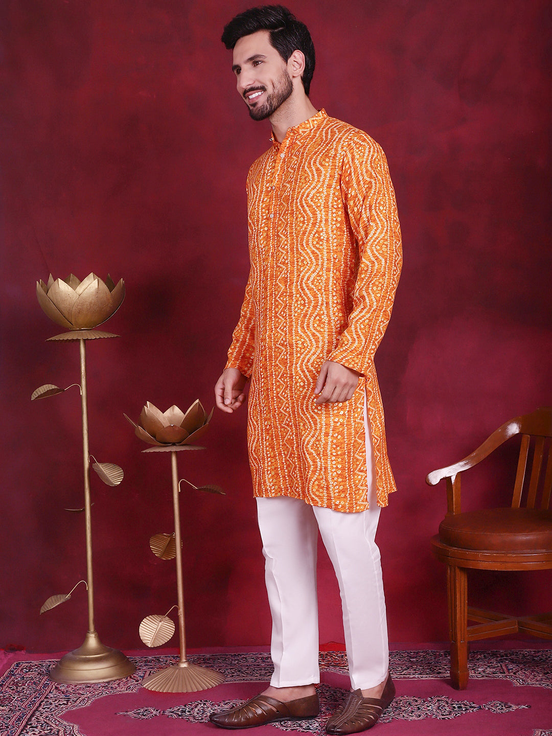 Jompers Men's Bandhani Printed Kurta with Pyjama - Orange
