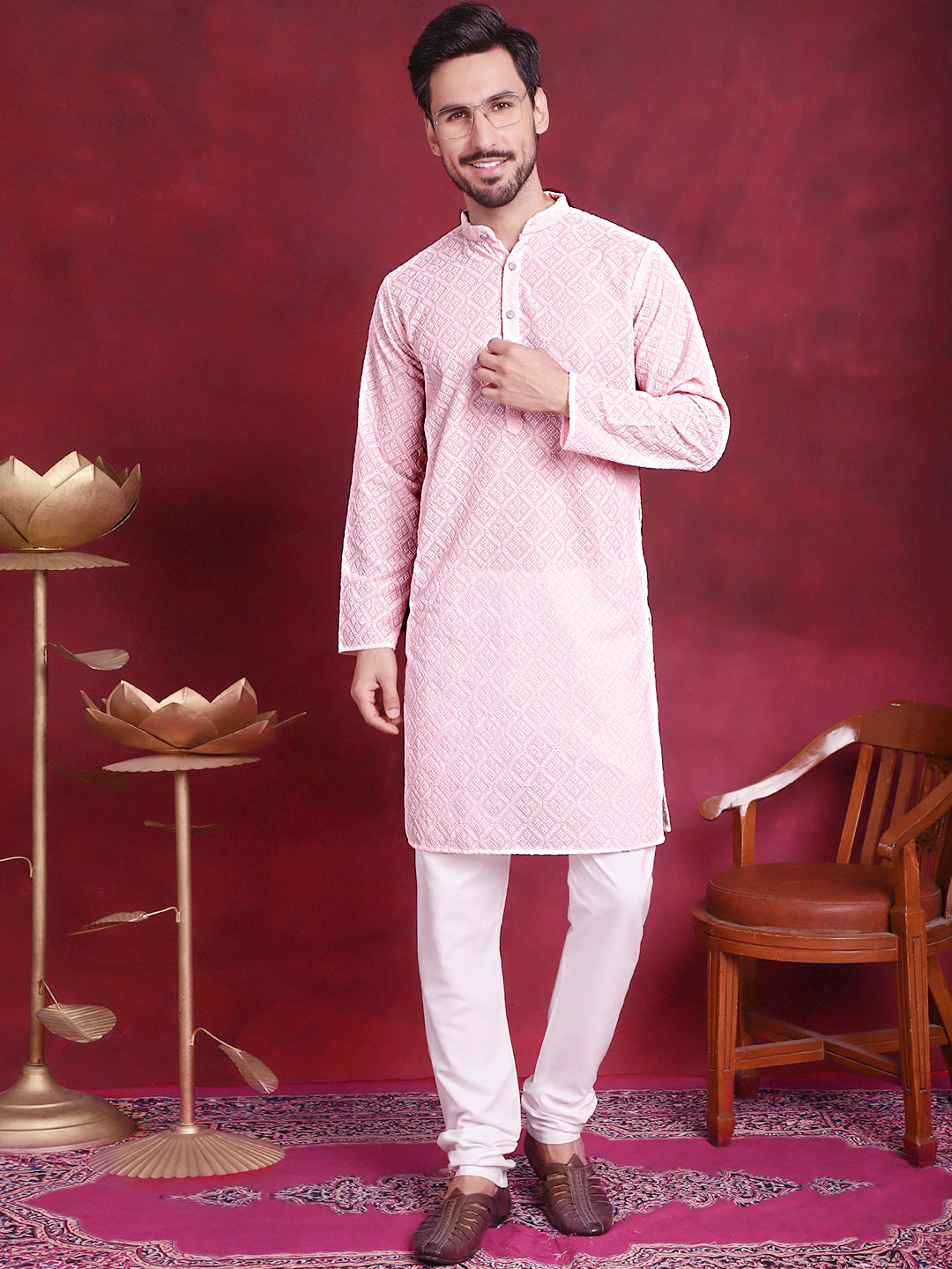 Jompers Men's Chikankari Embroidered Kurta with Pyjama - Pink