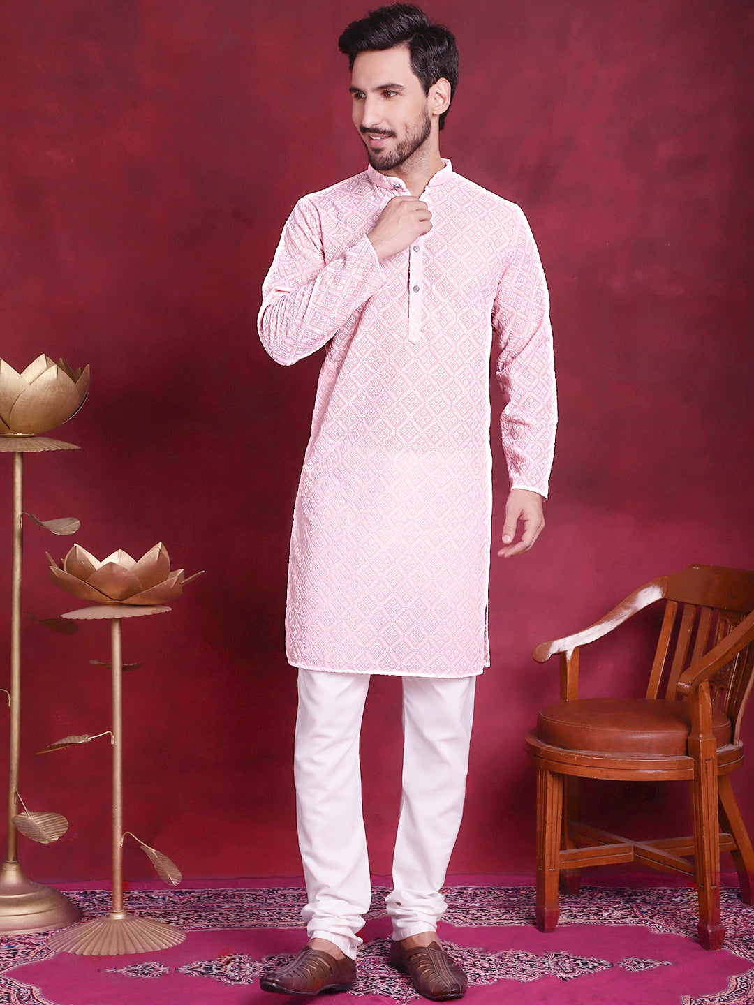 Jompers Men's Chikankari Embroidered Kurta with Pyjama - Pink