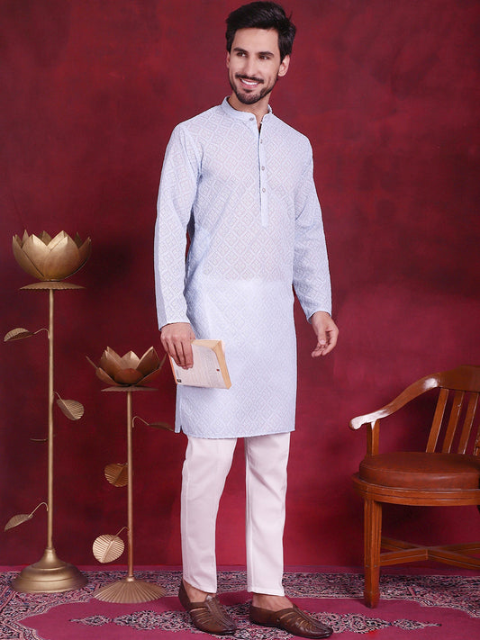 Jompers Men's Chikankari Embroidered Kurta with Pyjama - Sky Blue