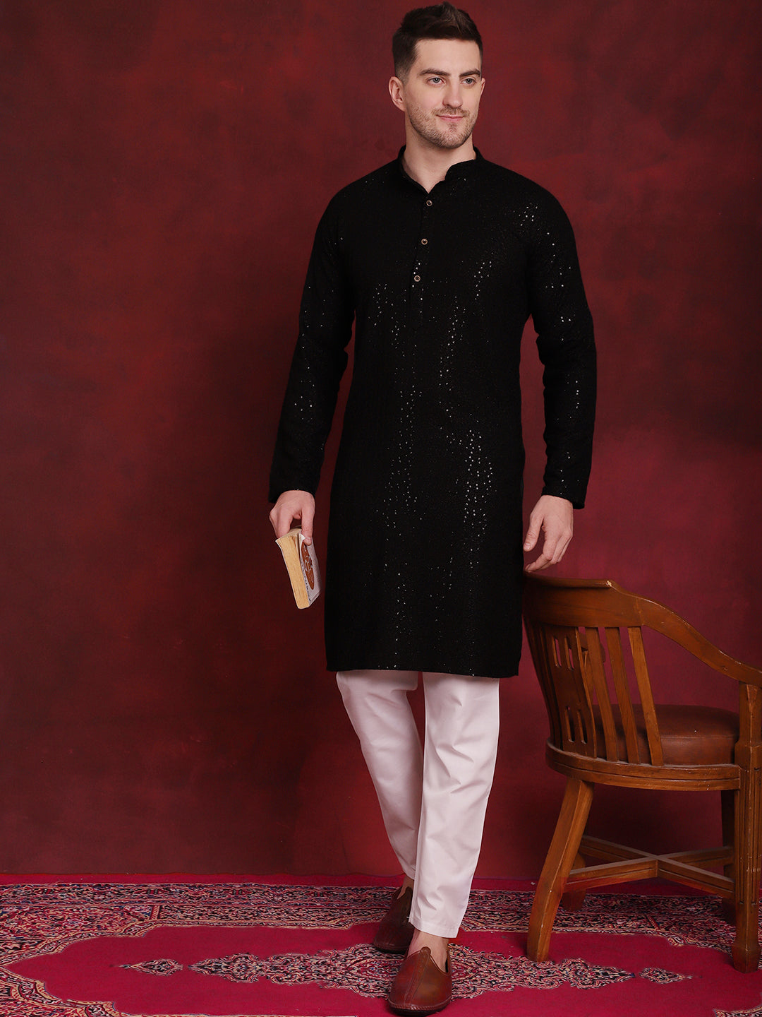 Jompers Men's Sequins Chikankari Kurta with Pyjama - Black