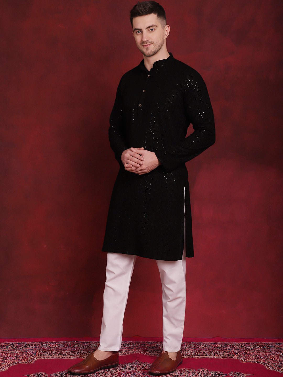 Jompers Men's Sequins Chikankari Kurta with Pyjama - Black