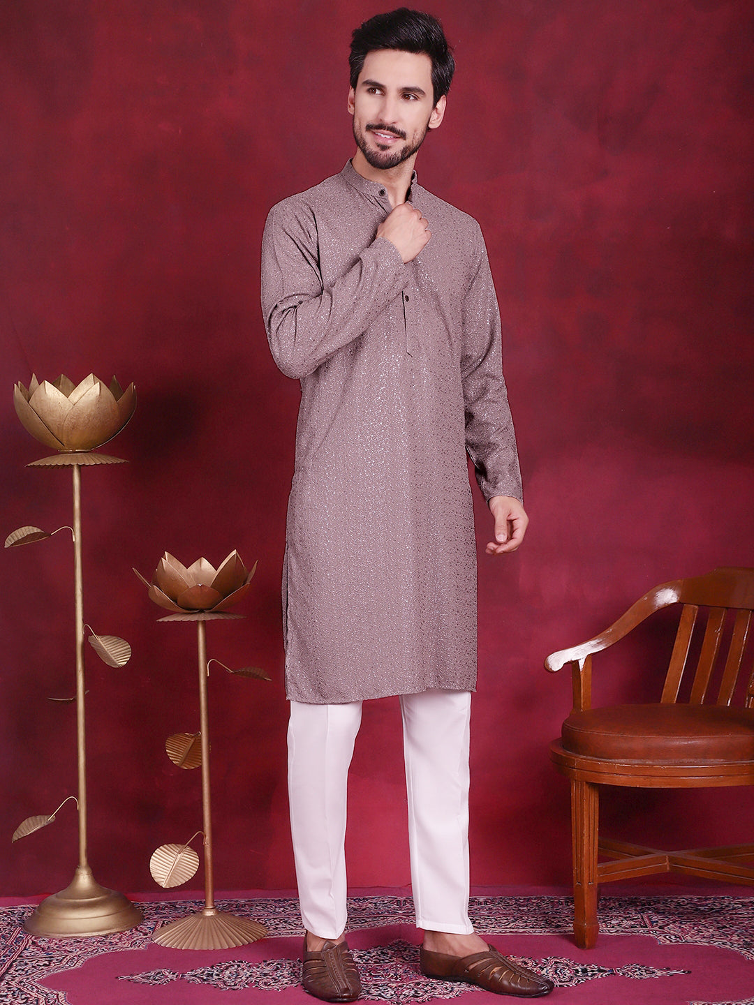 Jompers Men's Sequins Chikankari Kurta with Pyjama - Grey