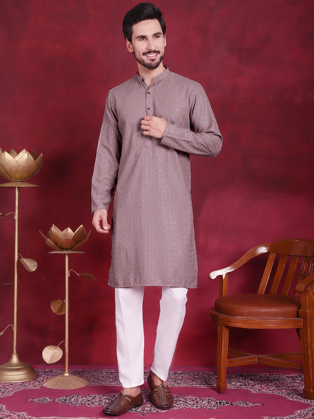 Jompers Men's Sequins Chikankari Kurta with Pyjama - Grey