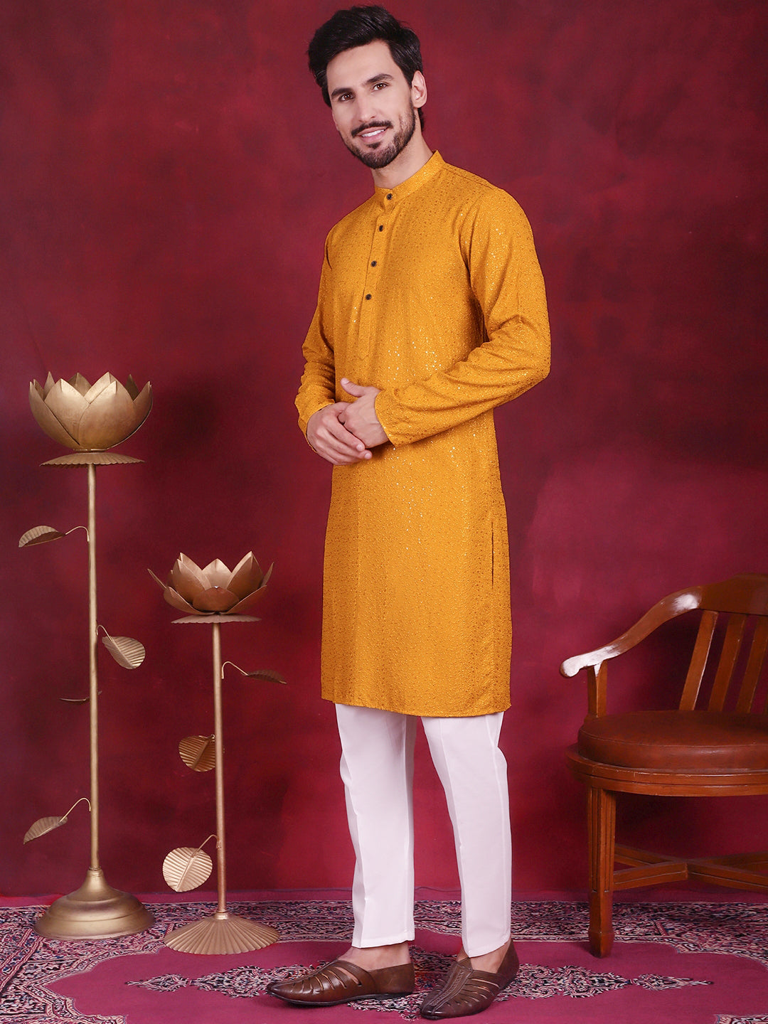 Jompers Men's Sequins Chikankari Kurta with Pyjama - Mustard