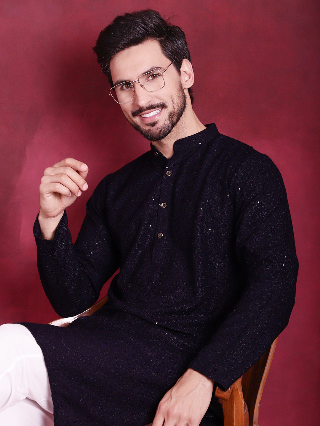Jompers Men's Sequins Chikankari Kurta with Pyjama - Navy Blue