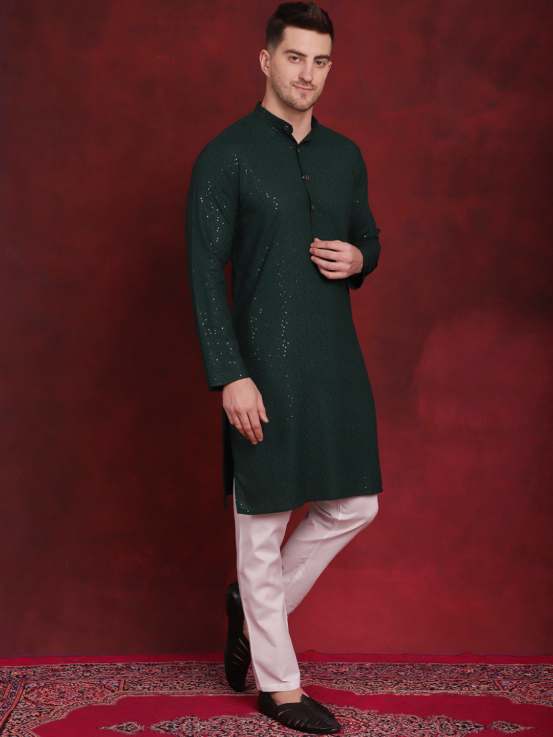 Jompers Men's Sequins Chikankari Kurta with Pyjama - Olive