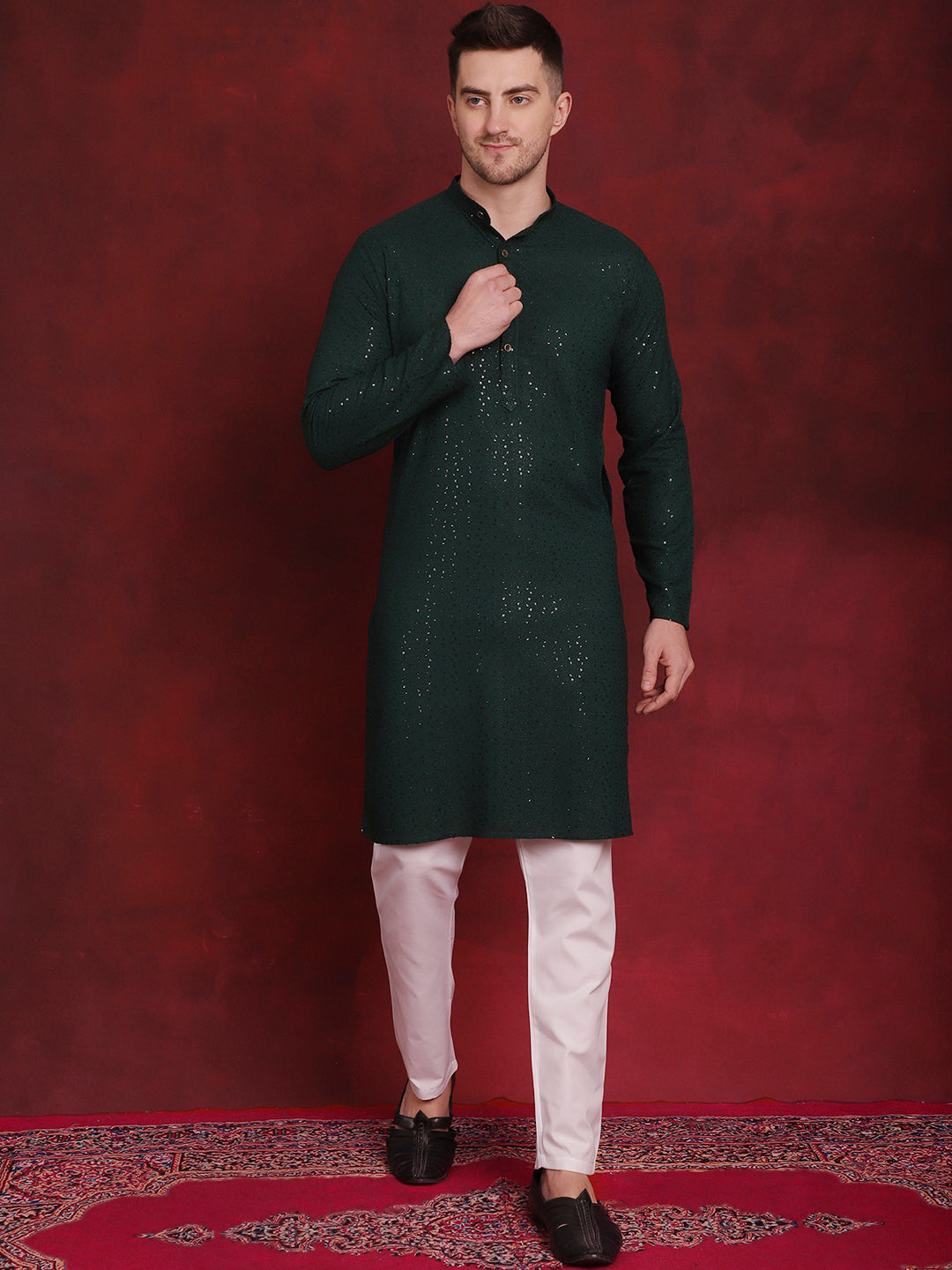 Jompers Men's Sequins Chikankari Kurta with Pyjama - Olive