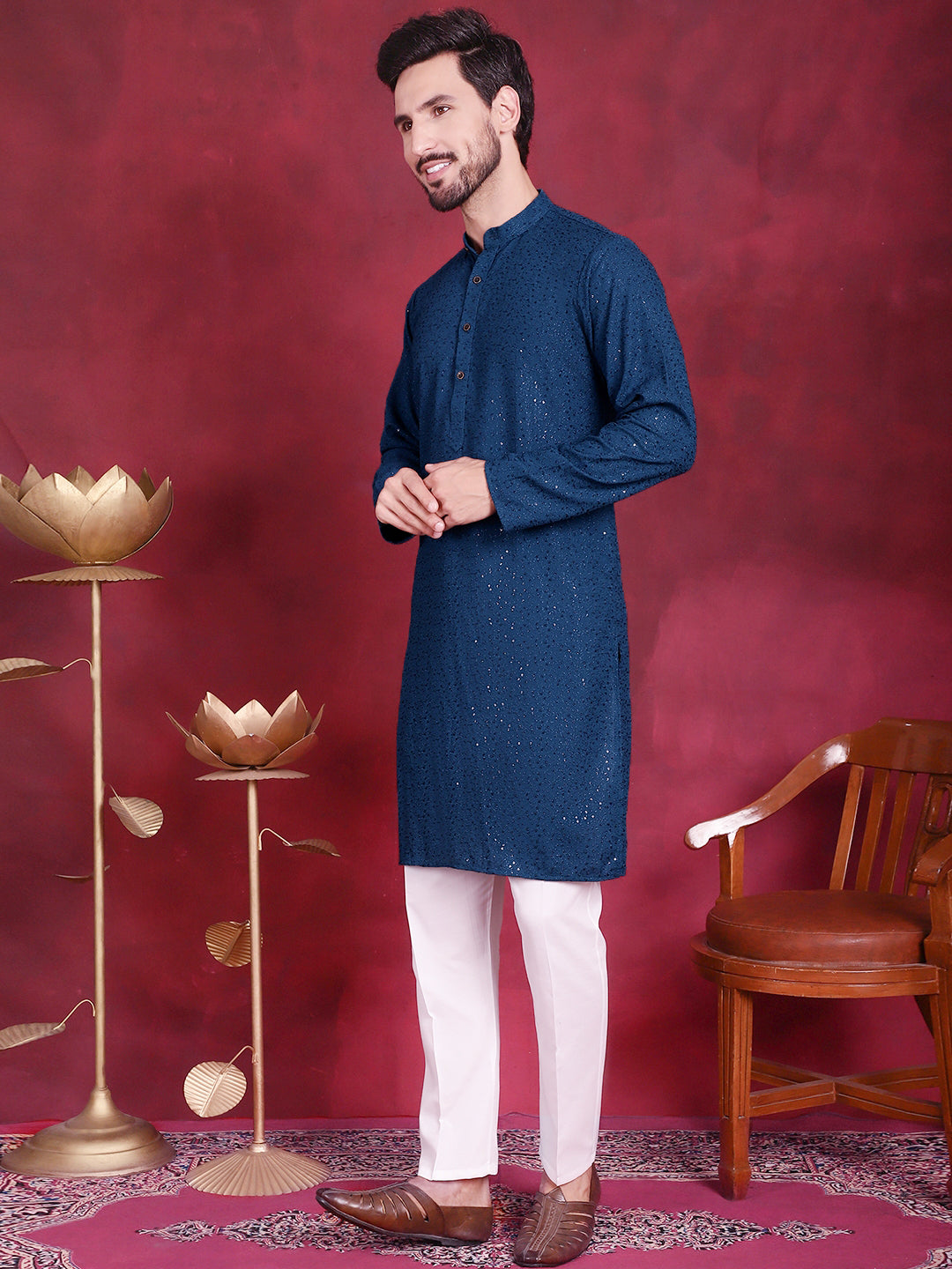 Jompers Men's Sequins Chikankari Kurta with Pyjama - Peacock