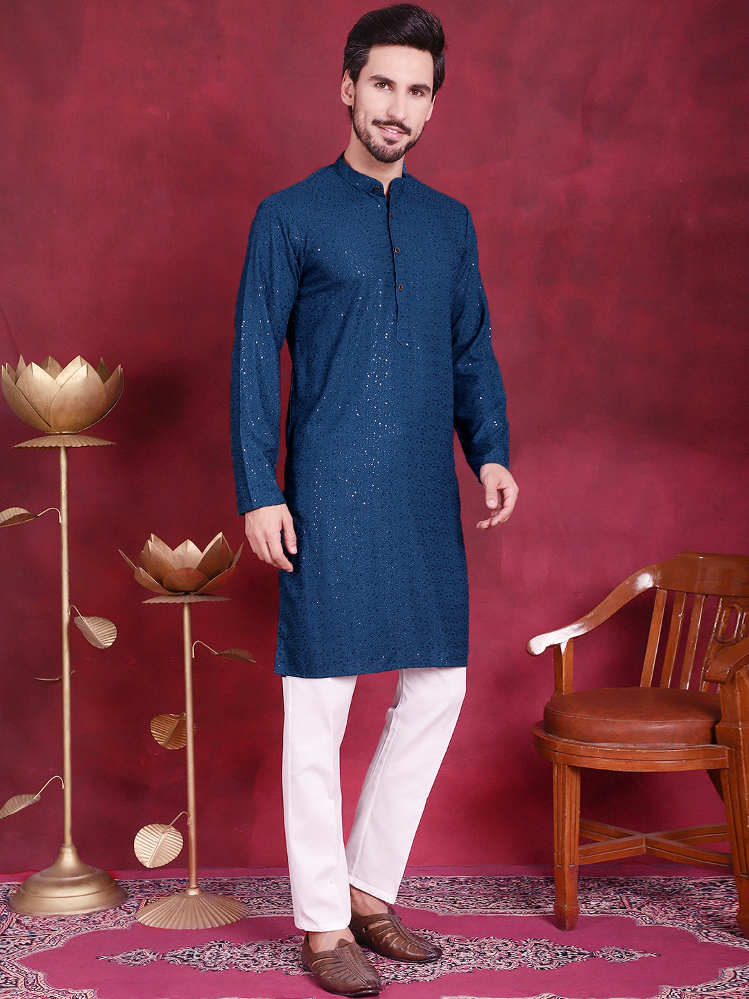 Jompers Men's Sequins Chikankari Kurta with Pyjama - Peacock