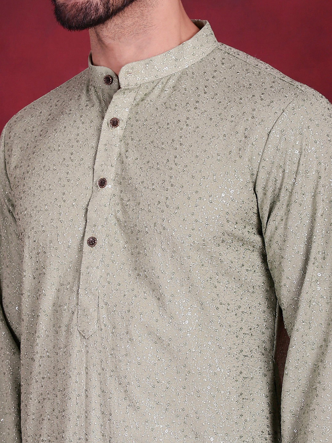 Jompers Men's Sequins Chikankari Kurta with Pyjama - Pista