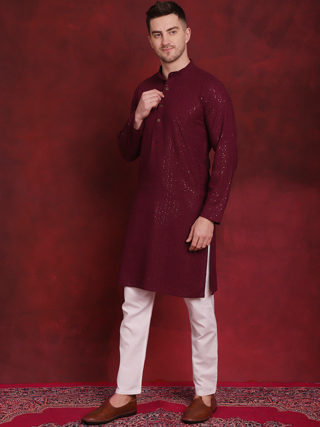 Jompers Men's Sequins Chikankari Kurta with Pyjama - Purple