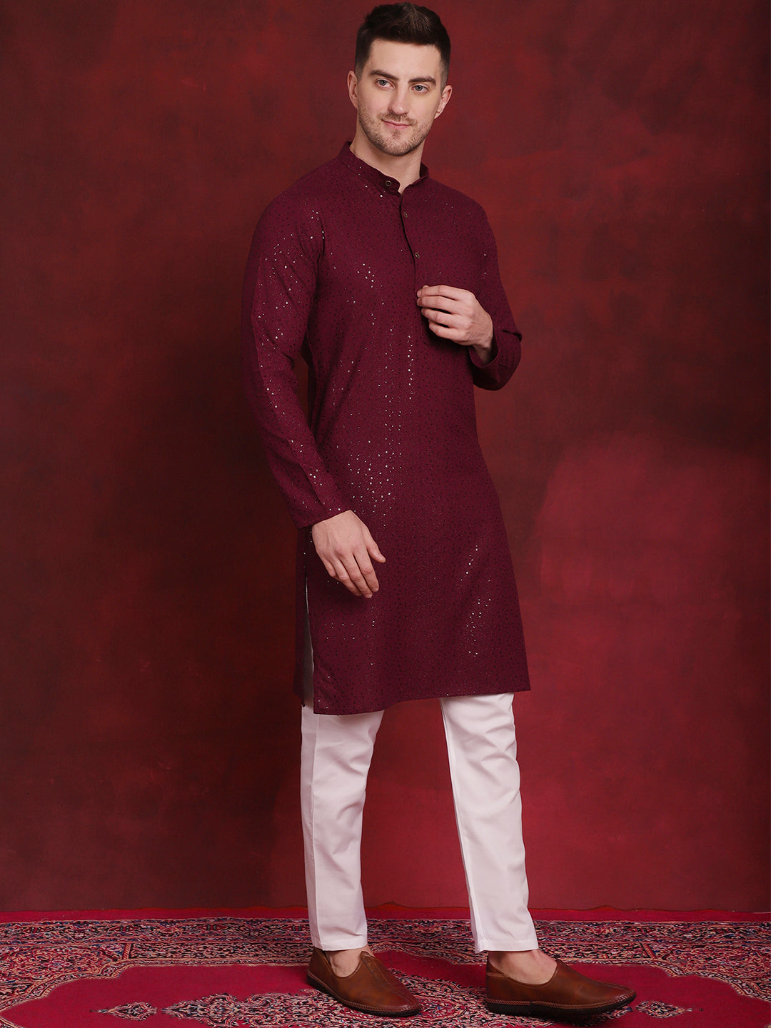 Jompers Men's Sequins Chikankari Kurta with Pyjama - Purple