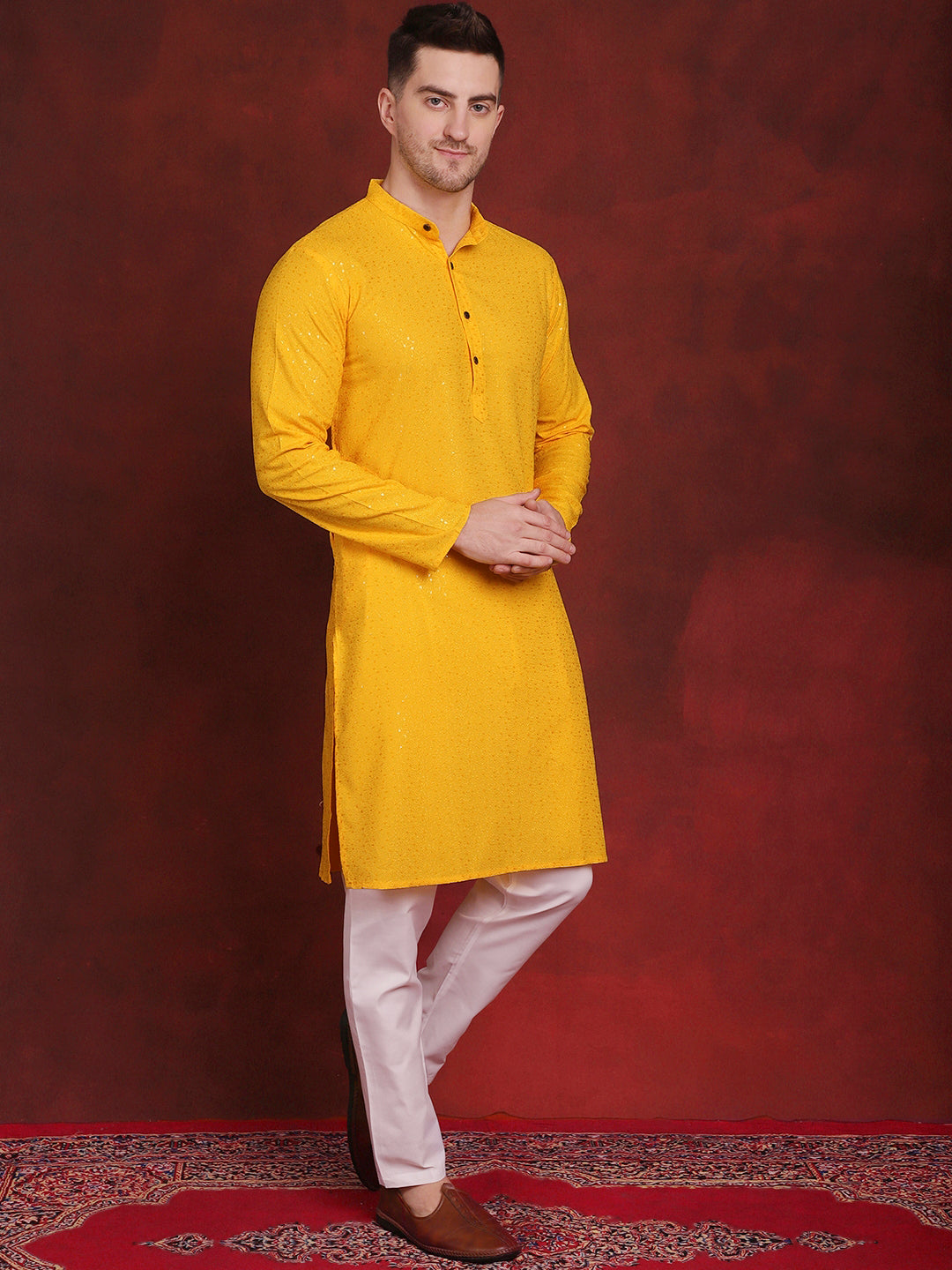 Jompers Men's Sequins Chikankari Kurta with Pyjama - Yellow