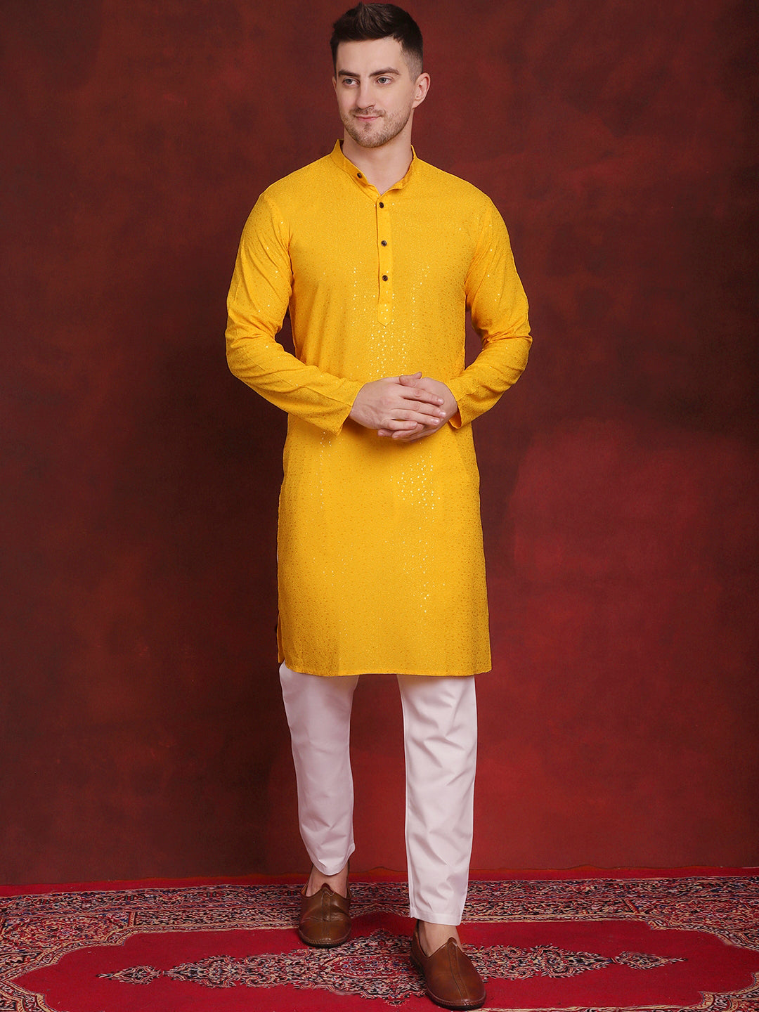 Jompers Men's Sequins Chikankari Kurta with Pyjama - Yellow
