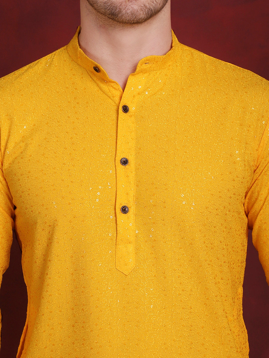 Jompers Men's Sequins Chikankari Kurta with Pyjama - Yellow
