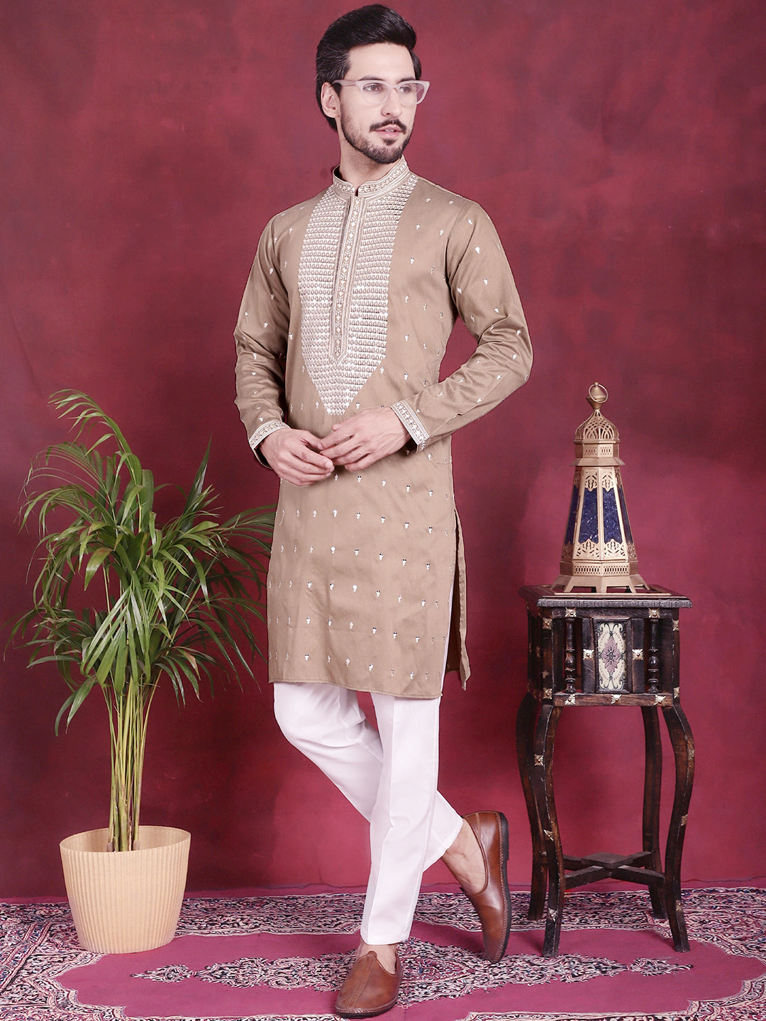 Jompers Men's Sequins Embroidered Kurta Pyjama Set - Beige