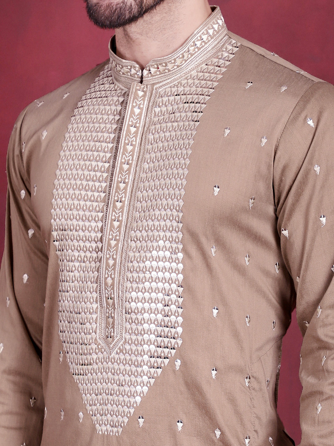 Jompers Men's Sequins Embroidered Kurta Pyjama Set - Beige