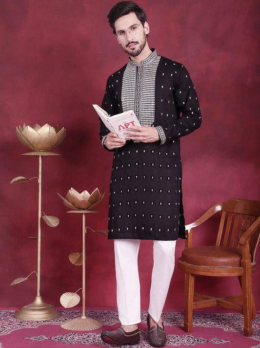 Jompers Men's Sequins Embroidered Kurta Pyjama Set - Black