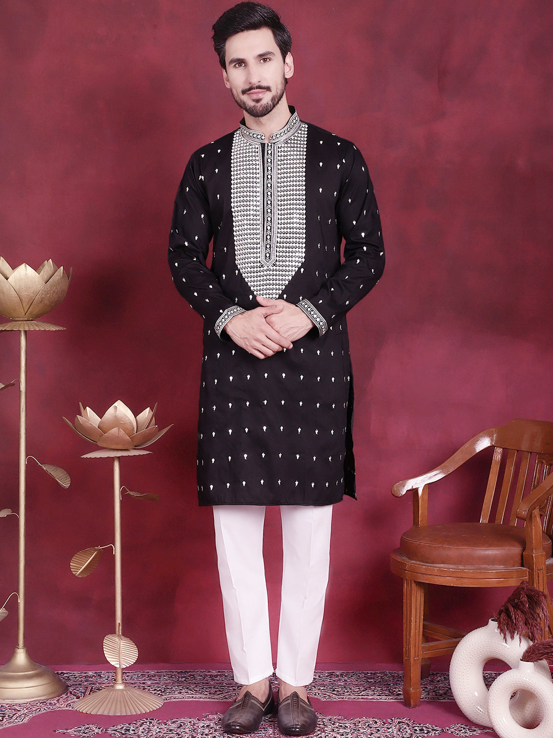 Jompers Men's Sequins Embroidered Kurta Pyjama Set - Black