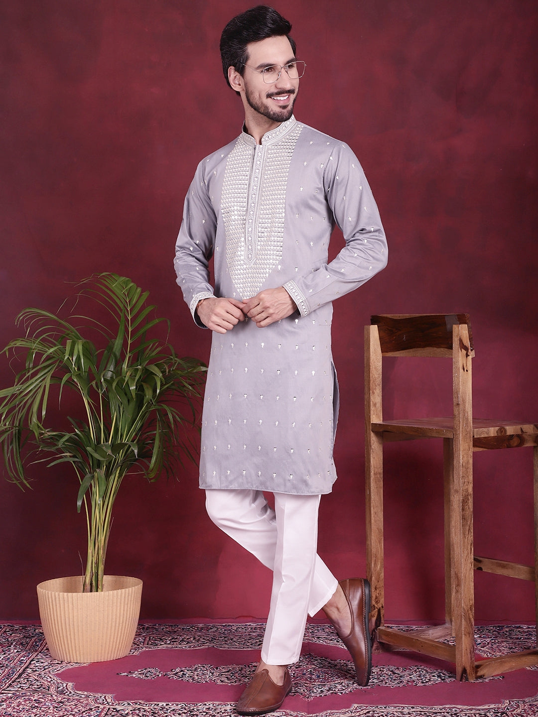 Jompers Men's Sequins Embroidered Kurta Pyjama Set - Grey